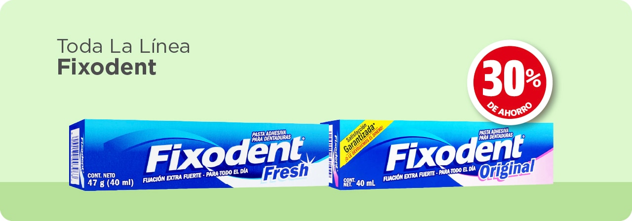 30% de ahorro en toda la linea fixodent